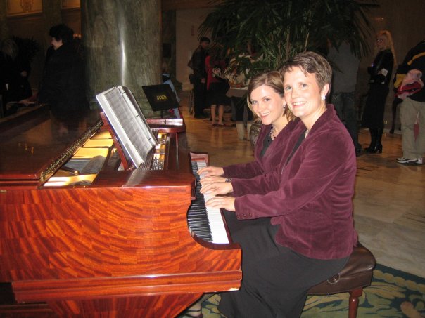 Annalise (front) playing with her sister Jenni in the Joseph Smith Memorial Building in Salt Lake City